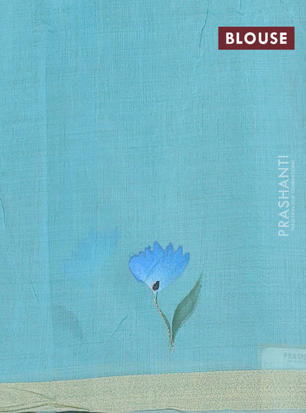 Linen cotton saree sandal and cs blue with floral hand paint prints and zari woven border