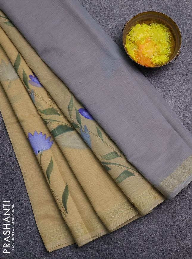 Linen cotton saree sandal and grey with floral hand paint prints and zari woven border