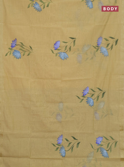 Linen cotton saree sandal and grey with floral hand paint prints and zari woven border
