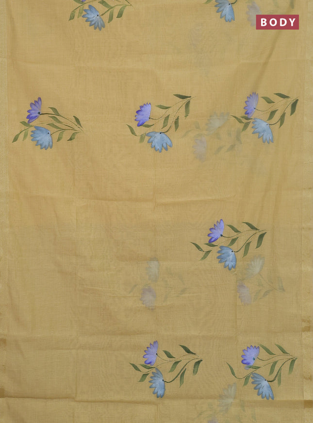Linen cotton saree sandal and grey with floral hand paint prints and zari woven border