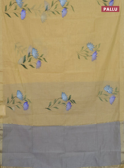 Linen cotton saree sandal and grey with floral hand paint prints and zari woven border
