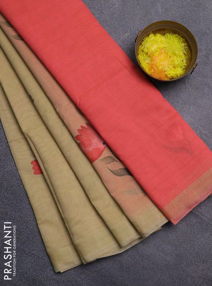 Linen cotton saree sandal and peach shade with floral hand paint prints and zari woven border