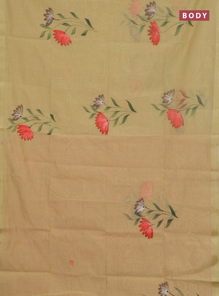 Linen cotton saree sandal and peach shade with floral hand paint prints and zari woven border