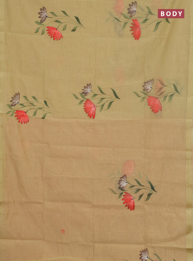 Linen cotton saree sandal and peach shade with floral hand paint prints and zari woven border
