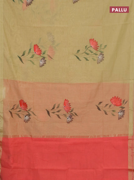 Linen cotton saree sandal and peach shade with floral hand paint prints and zari woven border