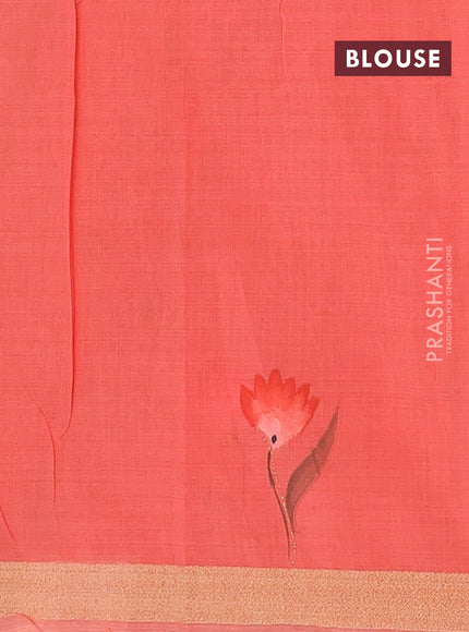 Linen cotton saree sandal and peach shade with floral hand paint prints and zari woven border
