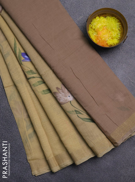 Linen cotton saree sandal and beige with floral hand paint prints and zari woven border