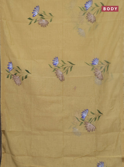 Linen cotton saree sandal and beige with floral hand paint prints and zari woven border