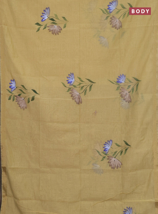 Linen cotton saree sandal and beige with floral hand paint prints and zari woven border