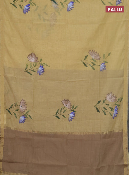 Linen cotton saree sandal and beige with floral hand paint prints and zari woven border