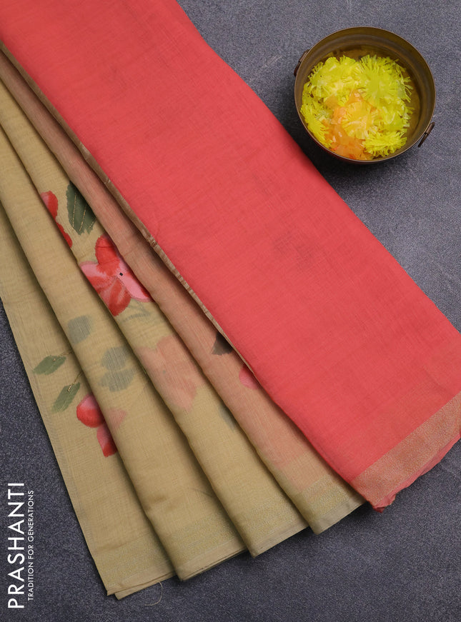 Linen cotton saree sandal and peach shade with floral hand paint prints and zari woven border