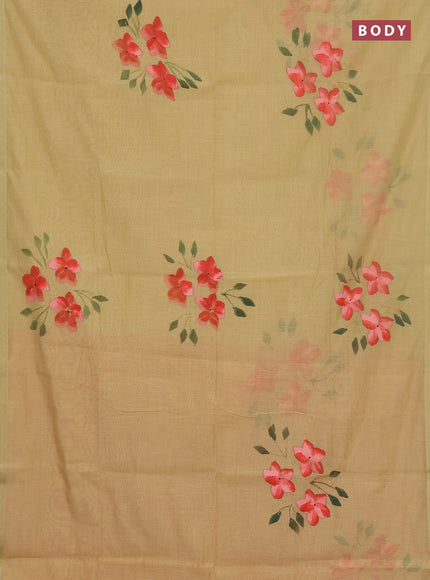 Linen cotton saree sandal and peach shade with floral hand paint prints and zari woven border
