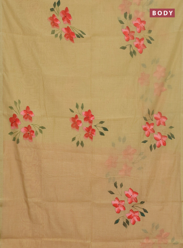 Linen cotton saree sandal and peach shade with floral hand paint prints and zari woven border