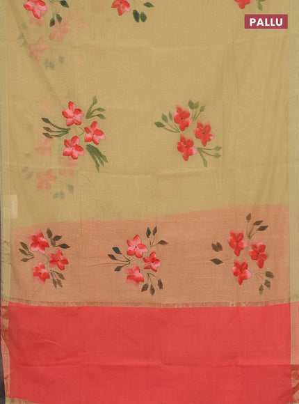 Linen cotton saree sandal and peach shade with floral hand paint prints and zari woven border