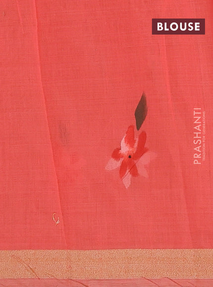 Linen cotton saree sandal and peach shade with floral hand paint prints and zari woven border