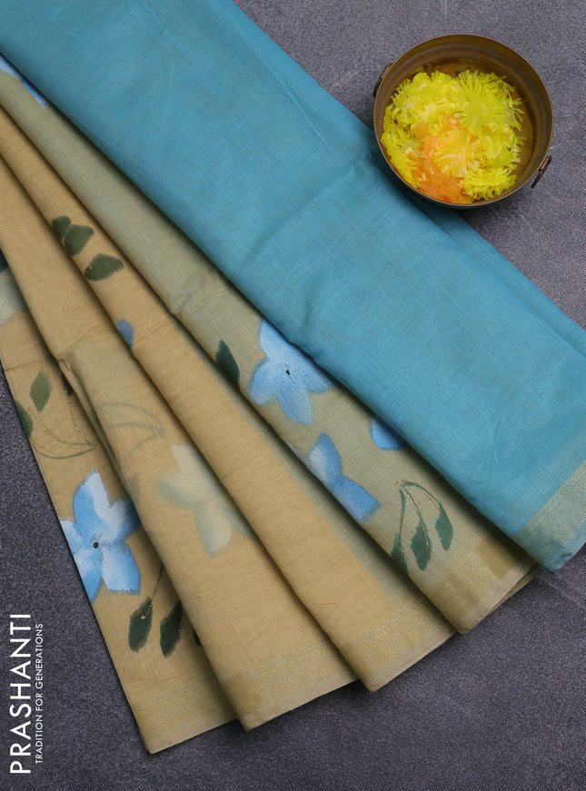 Linen cotton saree sandal and cs blue with floral hand paint prints and zari woven border