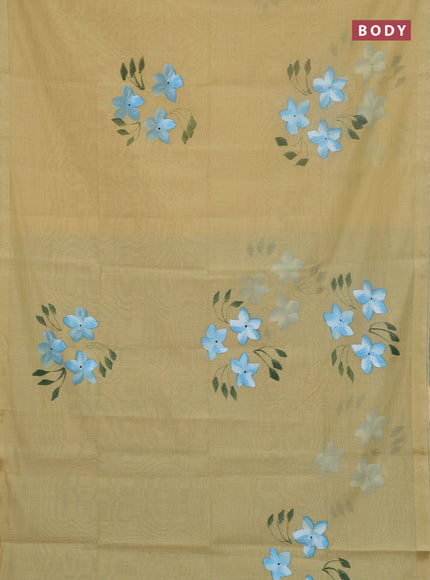 Linen cotton saree sandal and cs blue with floral hand paint prints and zari woven border