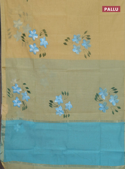 Linen cotton saree sandal and cs blue with floral hand paint prints and zari woven border