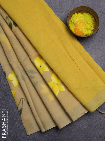 Linen cotton saree sandal and yellow with floral hand paint prints and zari woven border