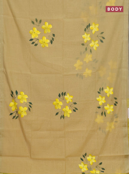 Linen cotton saree sandal and yellow with floral hand paint prints and zari woven border