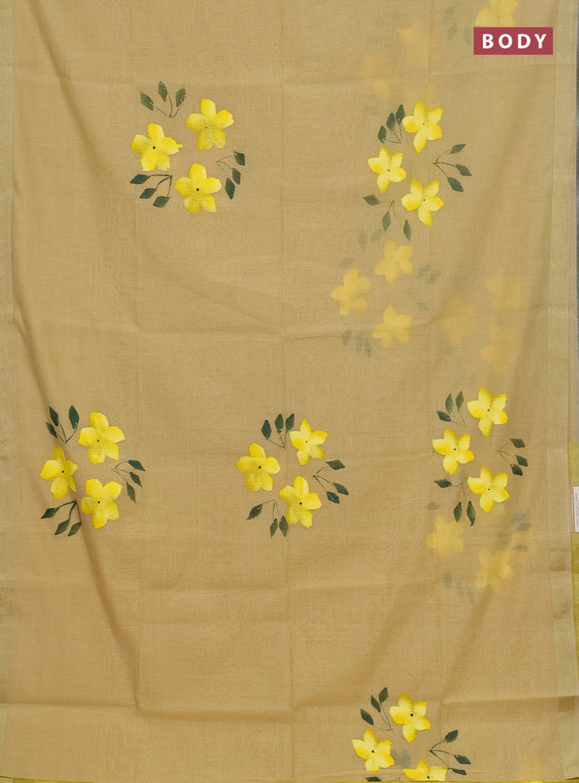 Linen cotton saree sandal and yellow with floral hand paint prints and zari woven border