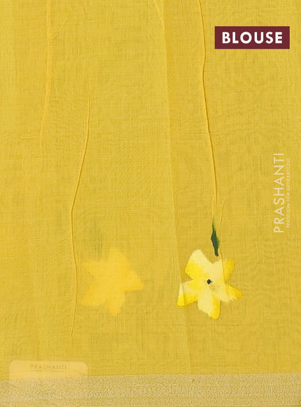 Linen cotton saree sandal and yellow with floral hand paint prints and zari woven border