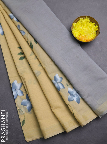Linen cotton saree sandal and grey with floral hand paint prints and zari woven border