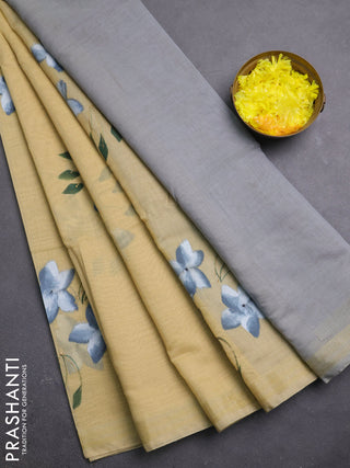 Linen cotton saree sandal and grey with floral hand paint prints and zari woven border