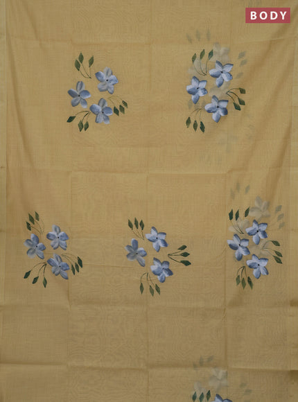 Linen cotton saree sandal and grey with floral hand paint prints and zari woven border