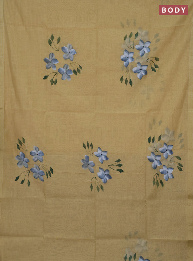 Linen cotton saree sandal and grey with floral hand paint prints and zari woven border