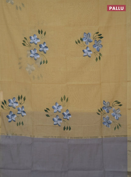 Linen cotton saree sandal and grey with floral hand paint prints and zari woven border