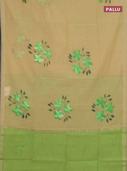 Linen cotton saree sandal and light green with floral hand paint prints and zari woven border