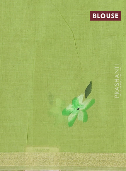 Linen cotton saree sandal and light green with floral hand paint prints and zari woven border