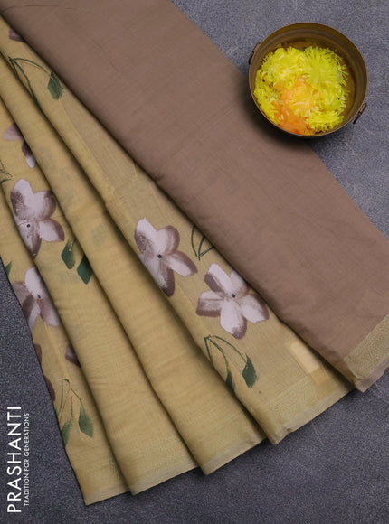 Linen cotton saree sandal and beige with floral hand paint prints and zari woven border
