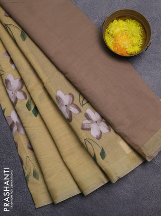 Linen cotton saree sandal and beige with floral hand paint prints and zari woven border