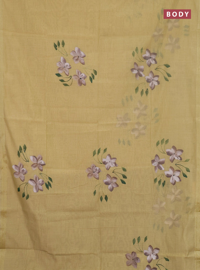 Linen cotton saree sandal and beige with floral hand paint prints and zari woven border