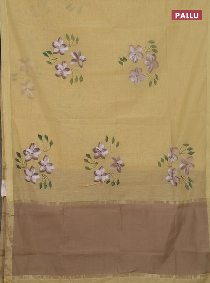 Linen cotton saree sandal and beige with floral hand paint prints and zari woven border