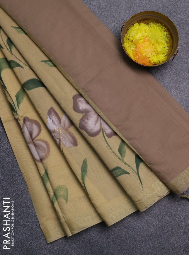 Linen cotton saree sandal and beige with floral hand paint prints and zari woven border