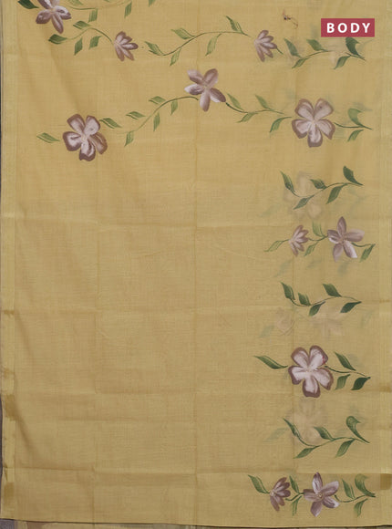 Linen cotton saree sandal and beige with floral hand paint prints and zari woven border