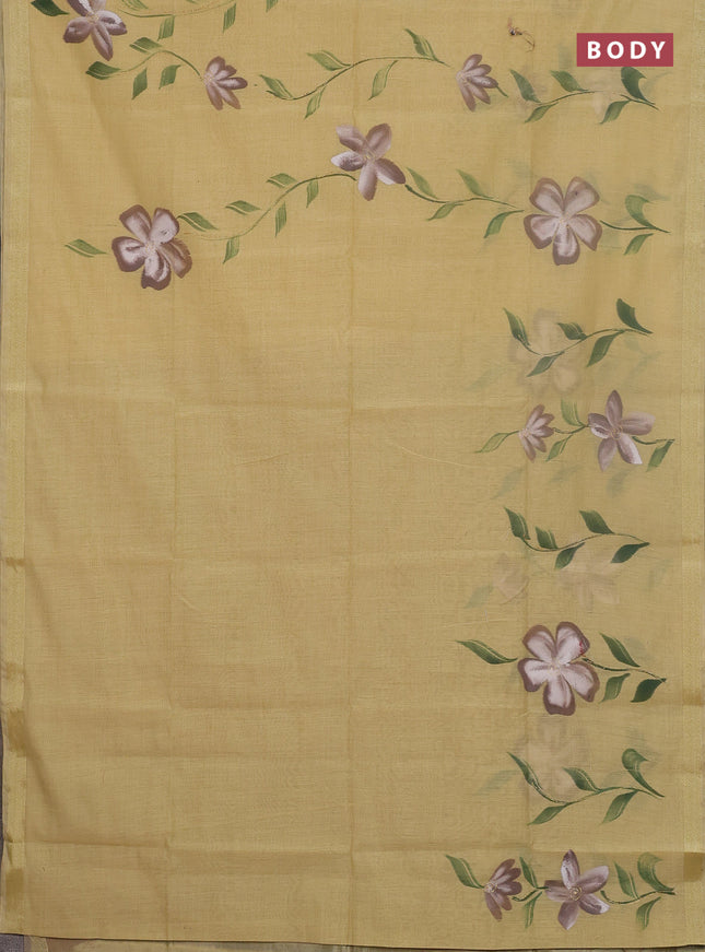 Linen cotton saree sandal and beige with floral hand paint prints and zari woven border