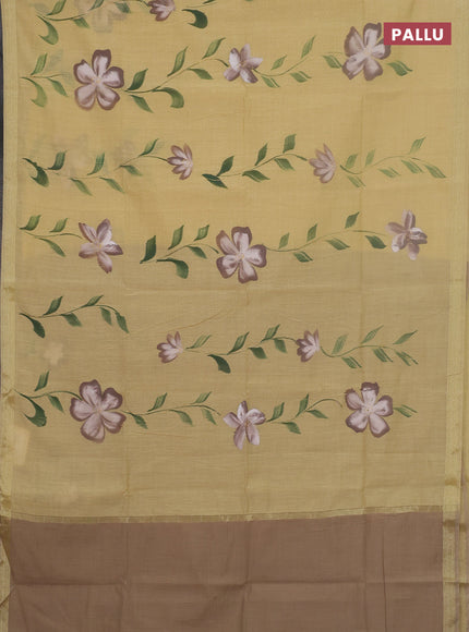 Linen cotton saree sandal and beige with floral hand paint prints and zari woven border