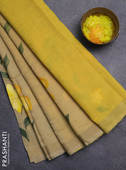 Linen cotton saree sandal and yellow with floral hand paint prints and zari woven border