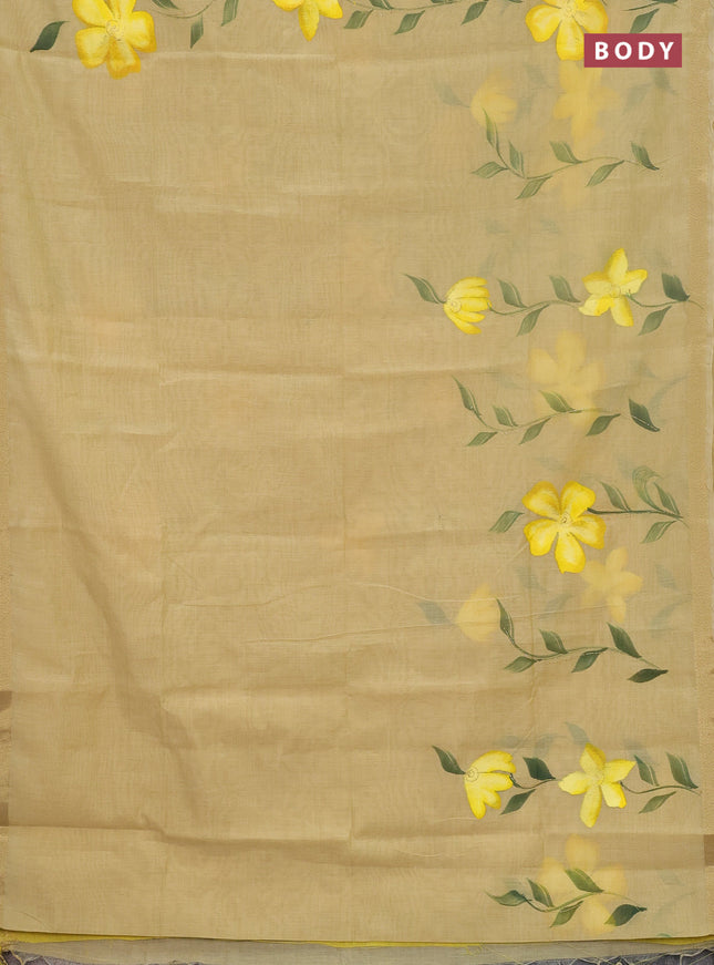 Linen cotton saree sandal and yellow with floral hand paint prints and zari woven border