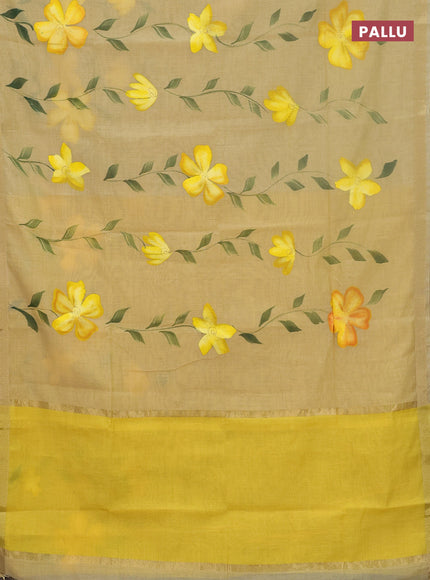 Linen cotton saree sandal and yellow with floral hand paint prints and zari woven border