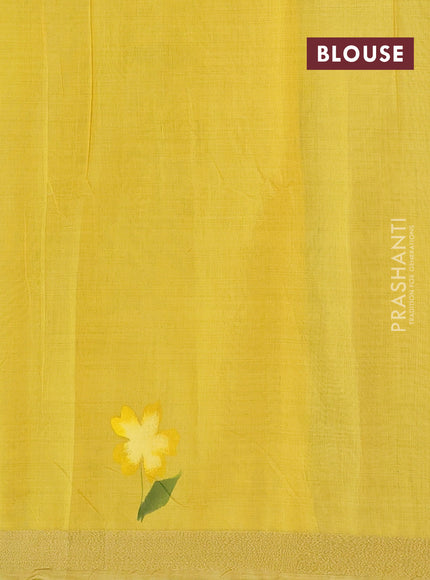 Linen cotton saree sandal and yellow with floral hand paint prints and zari woven border