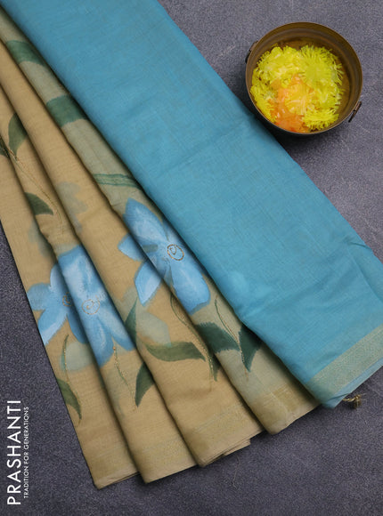 Linen cotton saree sandal and cs blue with floral hand paint prints and zari woven border