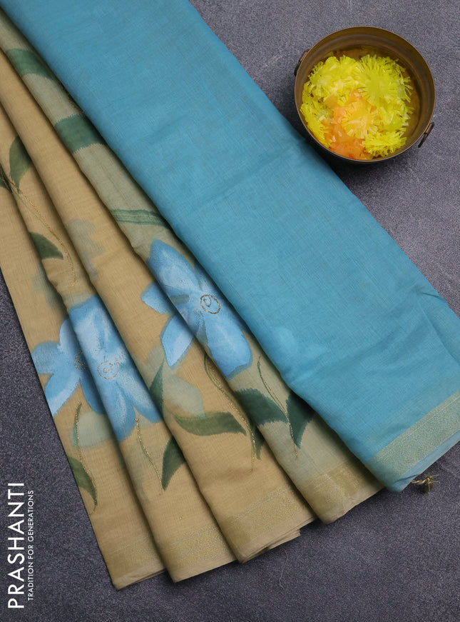 Linen cotton saree sandal and cs blue with floral hand paint prints and zari woven border