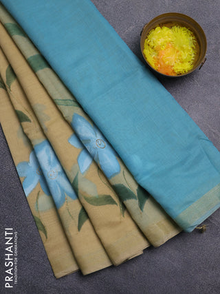 Linen cotton saree sandal and cs blue with floral hand paint prints and zari woven border