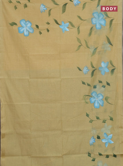 Linen cotton saree sandal and cs blue with floral hand paint prints and zari woven border
