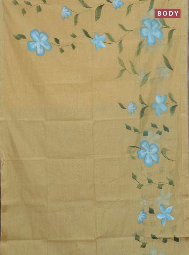 Linen cotton saree sandal and cs blue with floral hand paint prints and zari woven border